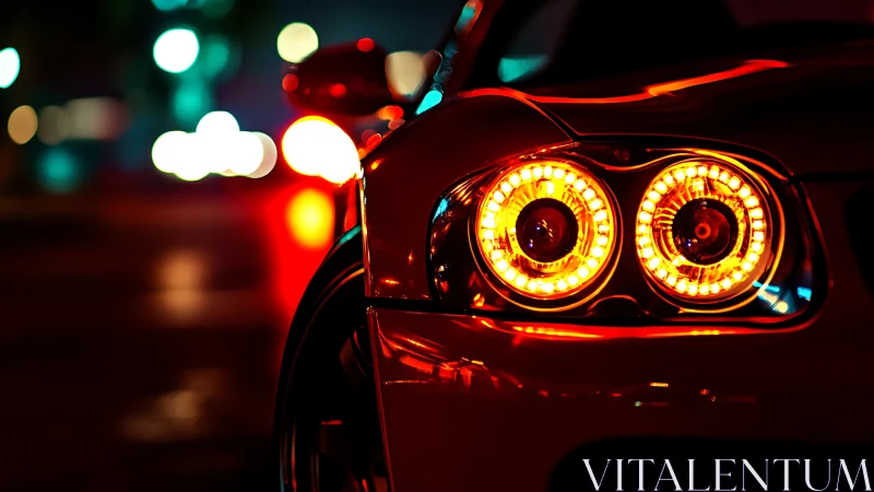 Sport coupe taillights blaze against neon city night streets.