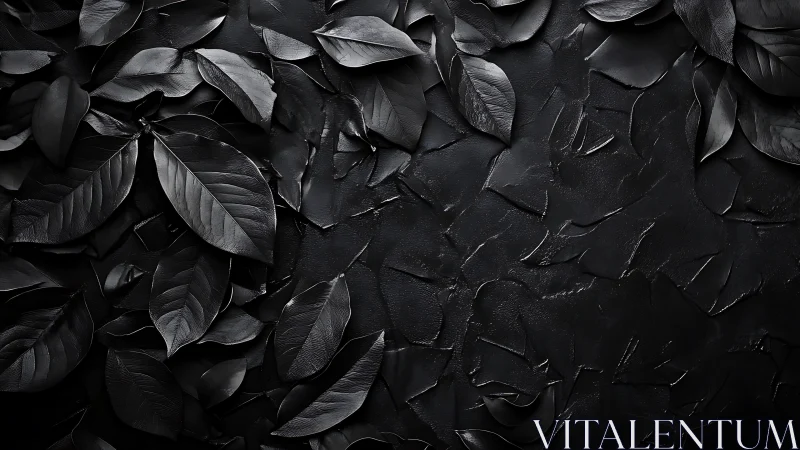 Monochrome black leaves arranged on textured dark surface.