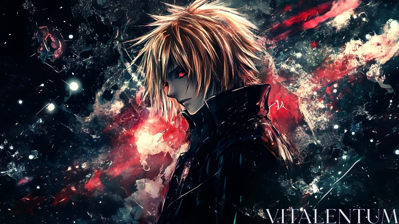Brooding anime antihero in stellar red nebula field.