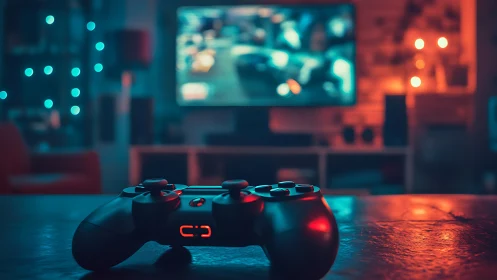 Game controller close-up in neon-lit immersive lounge.