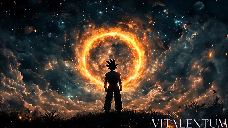 Fiery cosmic gateway opens as lone warrior greets the stars