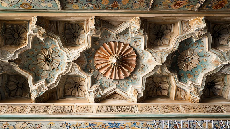 Intricate Islamic ceiling with floral star relief patterns