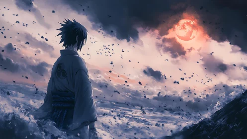 Solitary warrior studies blood-red moon above storm sea