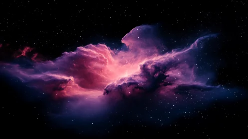 Ionized magenta nebula cloud with luminous core and dense dust gradients