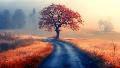 Autumn road curls beneath a lone ember tree in morning haze.
