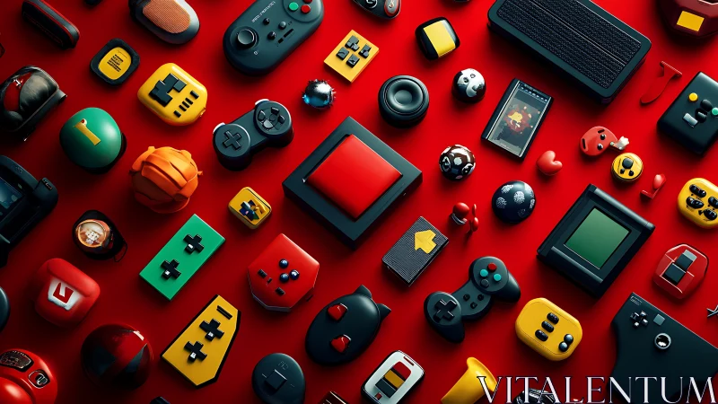 Isometric array of stylized gaming controllers on red plane.