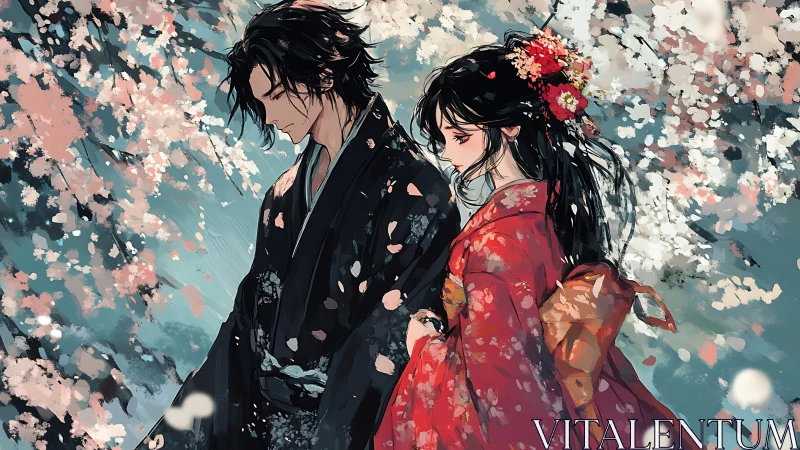 Couple in traditional kimono under soft cherry blossoms.