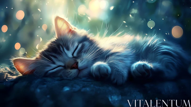 Peaceful Blue Kitty Resting in Magical Light.