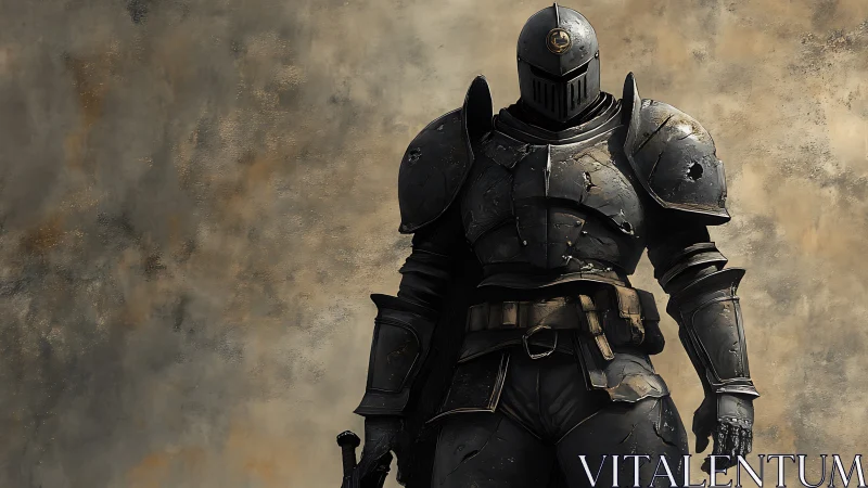 Battle-scarred black knight stands against a worn wall