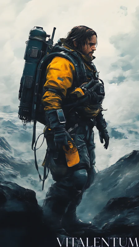 Lone sci fi explorer braces against misty mountain storm