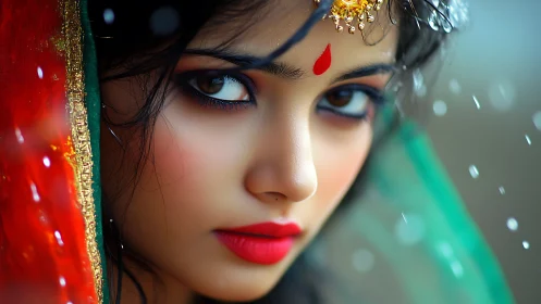 Intense bridal gaze with jeweled bindi and vivid dupatta detail.