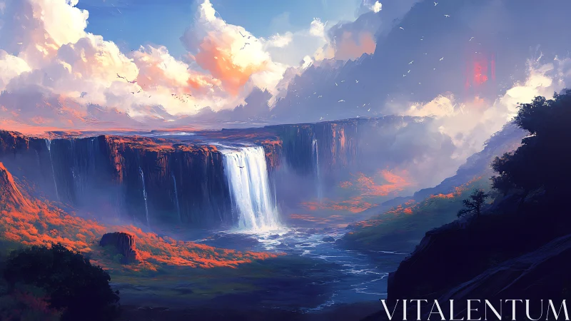 Sunlit cliff falls and roaming river under painterly clouds.