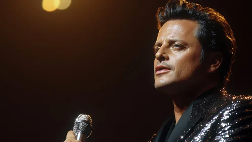 Male vocalist under warm spotlight with glittering mic.