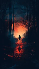 Silhouette in dark forest against red reflective light.