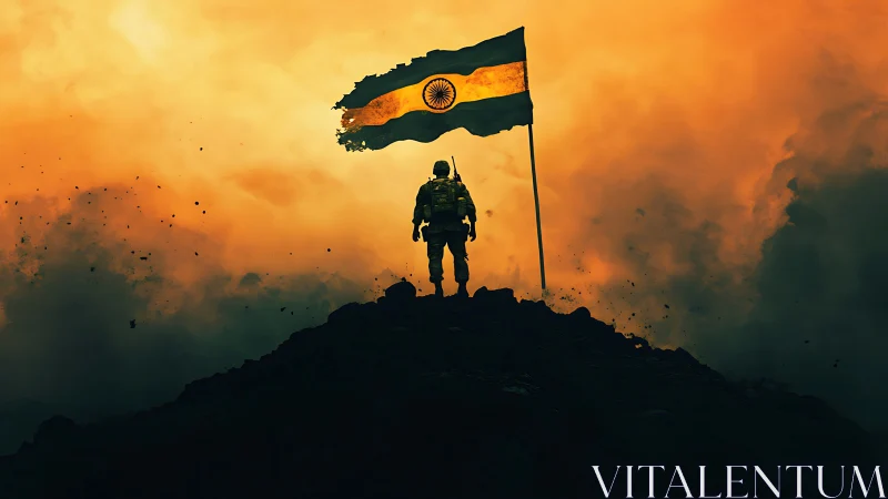 Soldier stands on dark ridge beneath large Indian flag