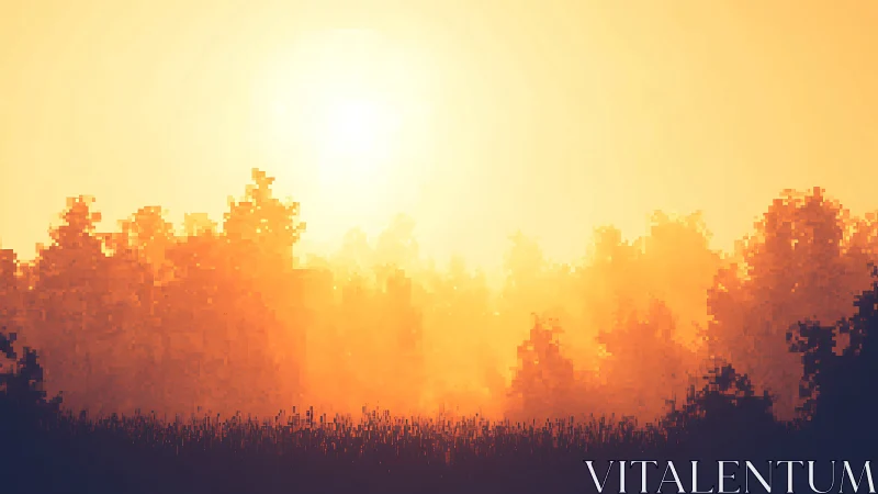 Pixel-rendered forest sunrise employs warm volumetric lighting