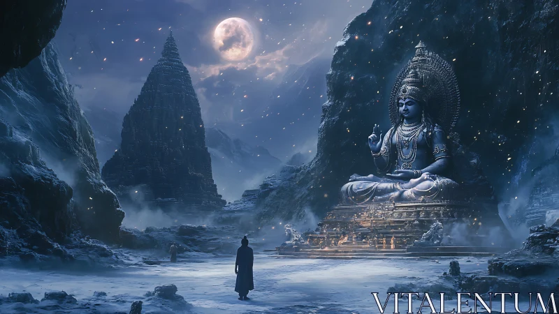 Moonlit mountain temple welcomes a serene cosmic guardian