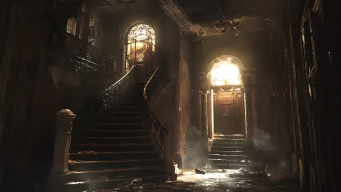 Decaying baroque staircase hall with volumetric sunlight glow