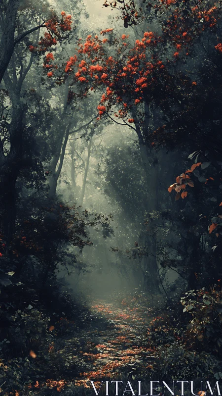 Misty forest pathway with orange flowering trees.