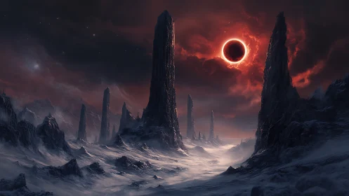 Blood-red eclipse haunts frozen alien spire valley.