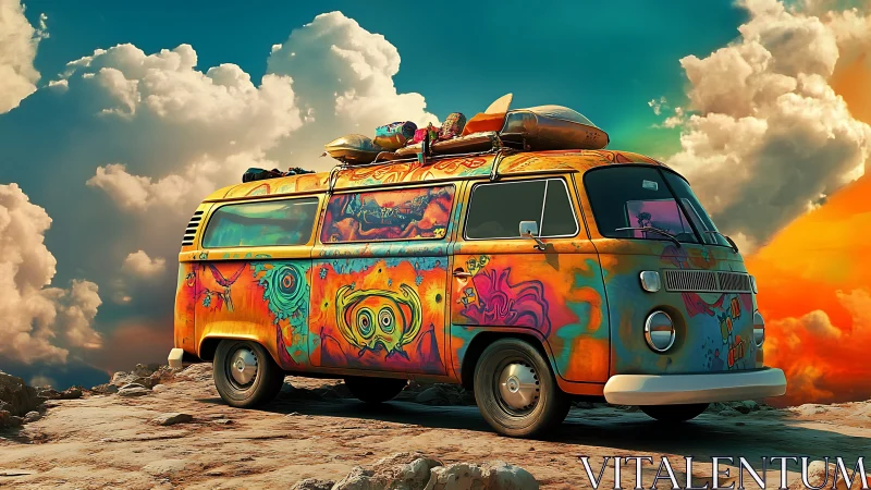 Psychedelic microbus under cinematic clouds on rocky plateau.