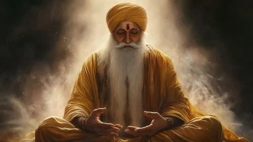 Golden-robed sage in radiant meditative stillness.