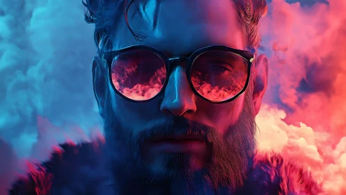 Neon-lit bearded portrait reflects surreal pink clouds.