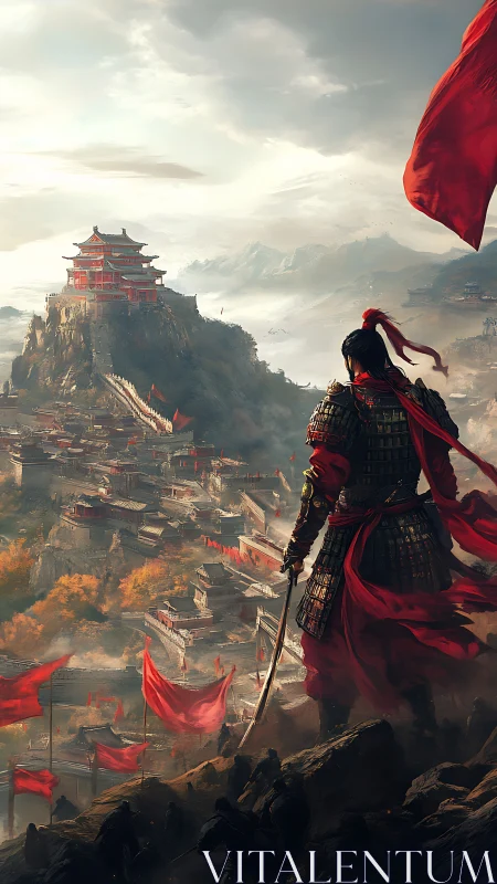 Lone crimson warrior surveys a vast mountain fortress realm