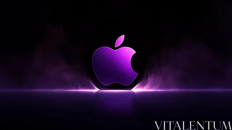 Glowing purple apple logo emerges from smoky neon void.