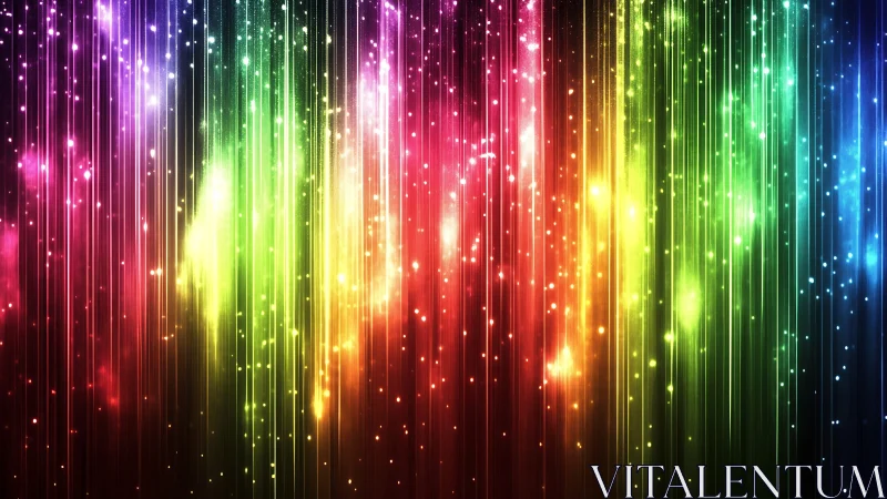 Radiant vertical light streaks cascade through a neon rainbow veil