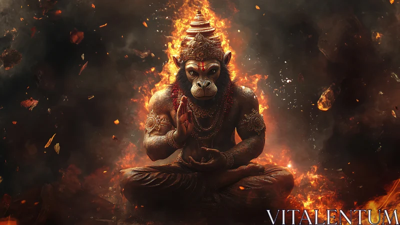 Divine monkey warrior meditates within swirling sacred fire