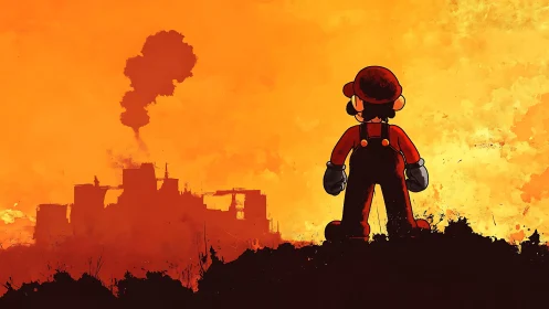 Silhouette of cartoon plumber observing burning urban ruins