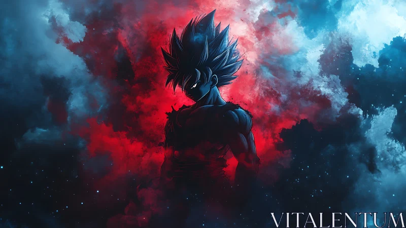 Cel-shaded warrior silhouette emerging from bifurcated nebula field