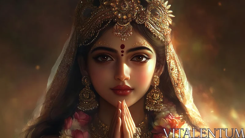 Golden gaze of the praying goddess in emberlit silence.