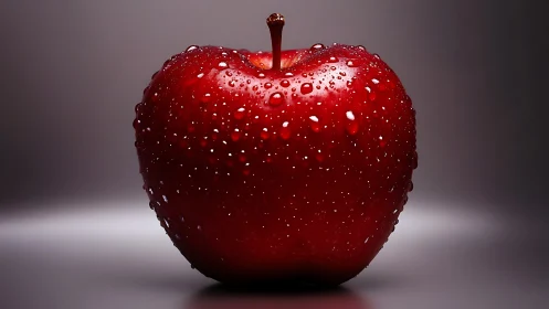Red apple with water droplets on neutral studio background.