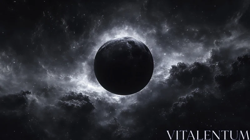 Dark planet silhouette cuts through luminous cosmic nebula