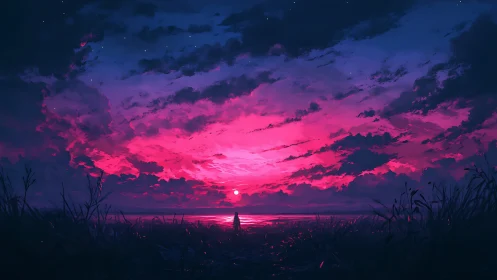 Solitary figure under neon magenta twilight sky over sea.