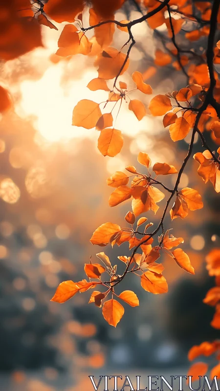 Backlit autumn branch with orange leaves in soft focus.