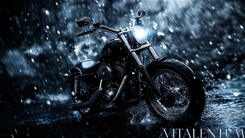 Stormlit chopper roars against rain in electric midnight haze.