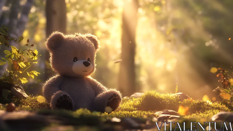 Plush teddy bear rendered in soft backlit 3D forest environment