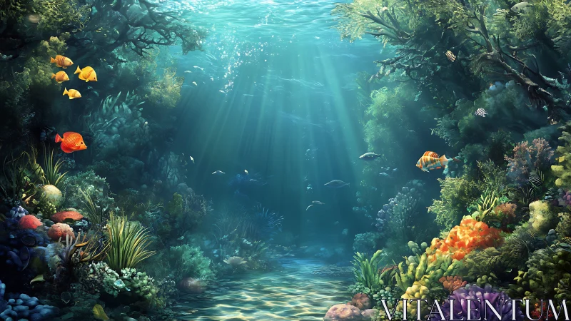 Underwater coral reef scene shows fish, plants and light rays