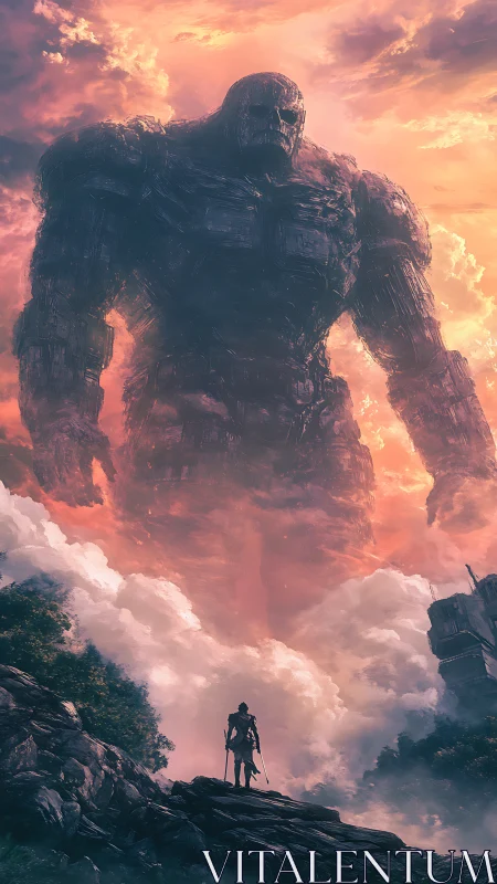 Solitary armored figure observing colossal stone entity.