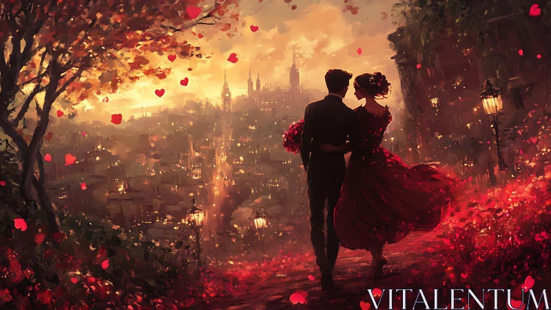 Romantic couple silhouette overlooking golden city sunset