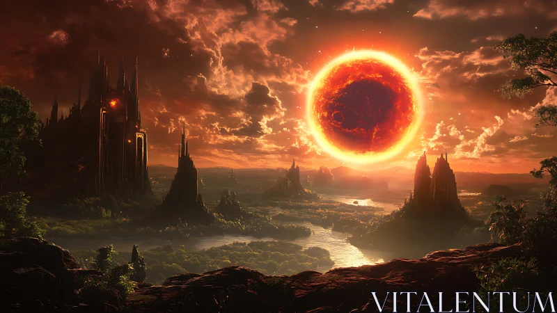 Alien landscape under large red sun above river valley.