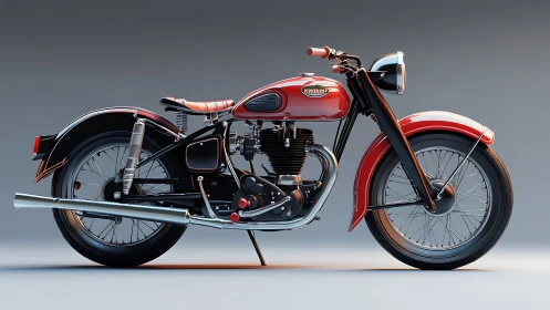 Side-profile render of vintage red motorcycle with exposed single-cylinder engine