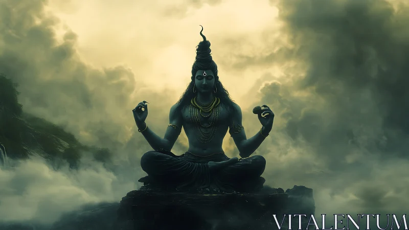 Stormlit meditative deity rendered with volumetric atmospheric depth