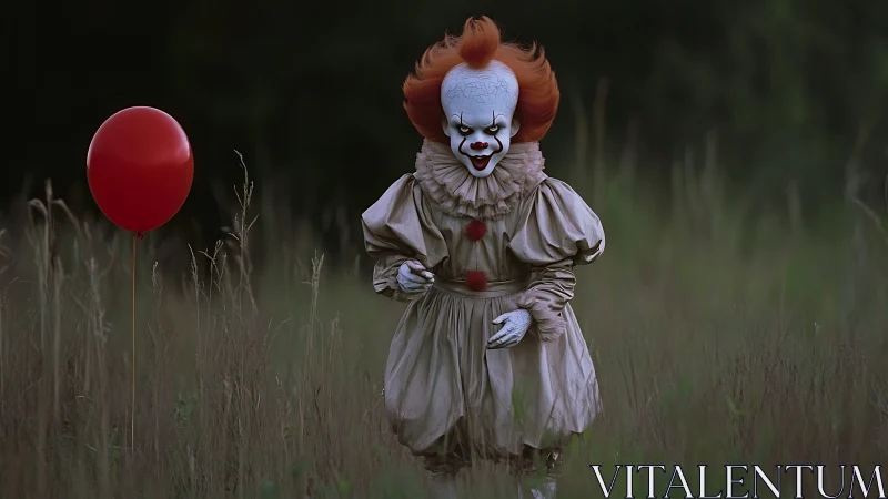 Sinister field clown stalks through grass with red balloon.