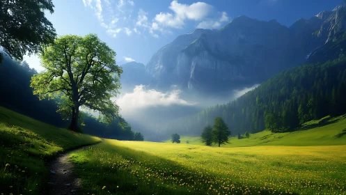 Sunlit alpine meadow under towering misty peaks.
