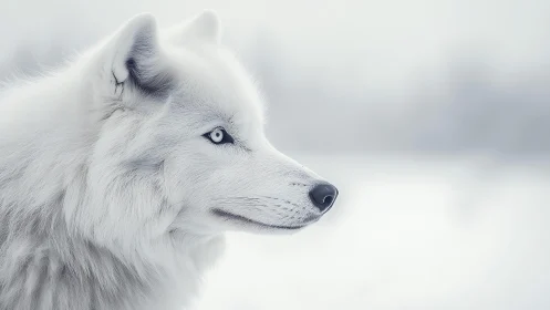White wolf profile glows softly against a serene winter haze