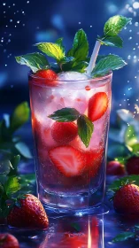 Strawberry Mint Beverage with Ice Against Blue Luminescent Background